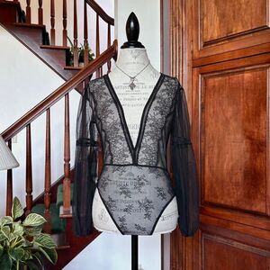 Victoria's Secret Black Bodysuit Teddy Lingerie One Piece Sheer Long Sleeve